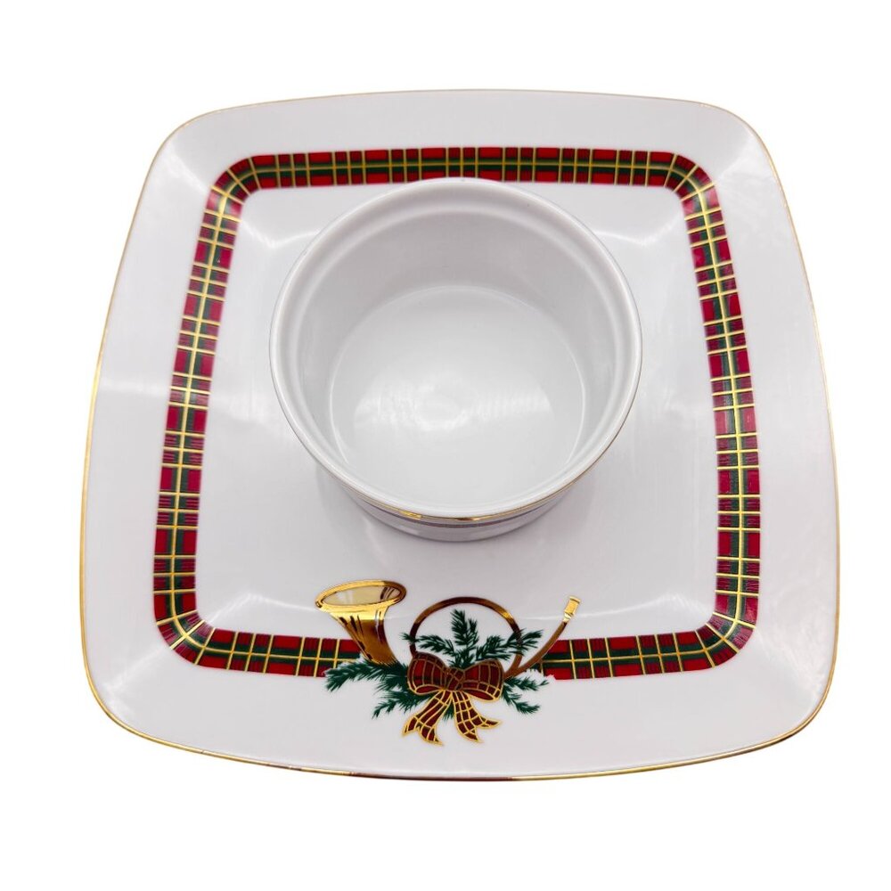Georges Briard chip and dip plate the Hunt‎ Japan tartan trim french horn